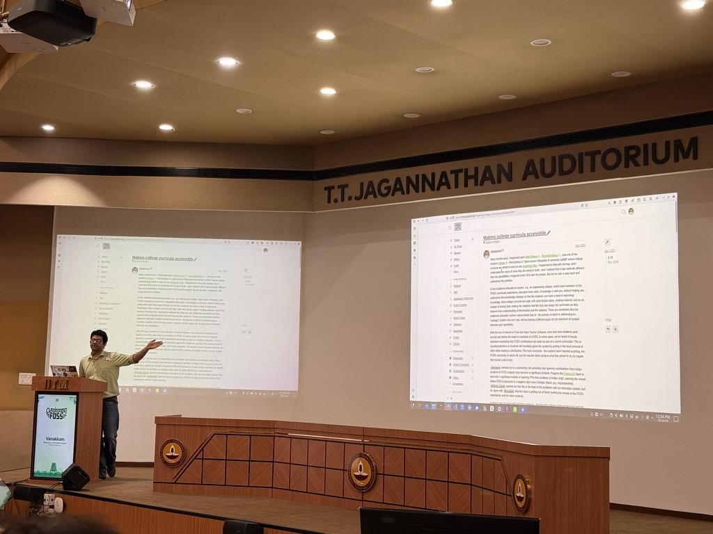 Sai Rahul Poruri speaking about making college curricula accessible at ChennaiFOSS 2026