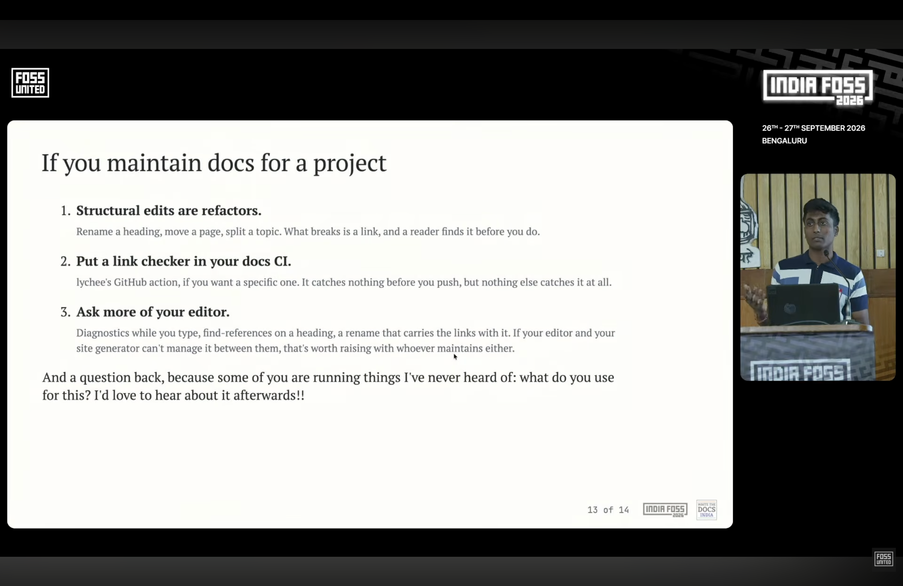 A frame from the livestream showing Srihari speaking next to a slide titled If you maintain docs for a project